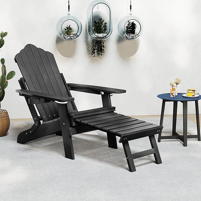 Giantex Folding Adirondack Chair, All-Weather Lounge Chair with Adjustable Backrest, Retractable Ottoman, Cup Holder, HIPS Fire Pit Chair for Lawn, Pool, Patio, Porch (1, Black)