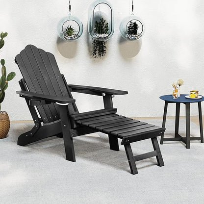 Giantex Folding Adirondack Chair, All-Weather Lounge Chair with Adjustable Backrest, Retractable Ottoman, Cup Holder, HIPS Fire Pit Chair for Lawn, Pool, Patio, Porch (1, Black)