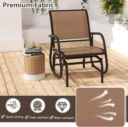 Tangkula Swing Glider Chair, Ergonomic Rocking Chair with Comfortable Fabric, Iron Frame, 4 Non-Slip Foot Pads, Outdoor Patio Glider Rocker Chair for Living Room, Garden, Backyard (1, Brown)
