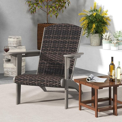 Tangkula Patio Wicker Adirondack Chair, HDPE Lounge Chair w/Rattan Padded Seat & Back, Wide Armrests & Hidden Cupholder, Outdoor All-Weather Adirondack Fire Pit Chair for Backyard, Lawn (1, Grey)