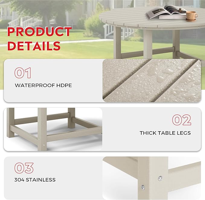 Costaelm Patio Conversation Table, Tatio Accent HDPE Outdoor Weather Resistant, Round Outdoor Porch Balcony Patio Drink Tables for Outside, Pool, Backyard, Sand