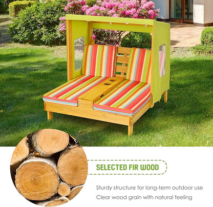 COSTWAY Kids Double Chaise Lounge Outdoor, 2-Seat Patio Lounge Chair with Cup Holders & Cushions, Kids Beach Chair with Canopy, Wood Patio Furniture for Children Boys Girls 3-8 Year Old