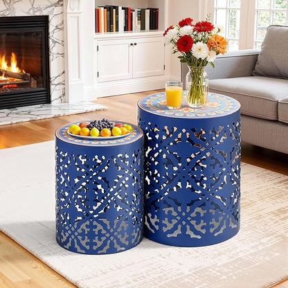2-Pack Outdoor Side Table, Modern Decorative Coffee Table with Vintage Scroll Cut-Out Design, Heavy Duty Metal Mosaic Table with No Assembly, Industrial Round Garden Stool for Patio, Indoor