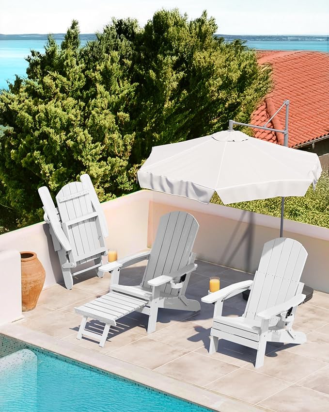 YEFU Adjustable Adirondack Chair with Footrest Set of 4, 5-Level Adjustable Adirondack Chair with Retractable Ottoman& 2 Cup Holder, Folding Adirondacks Chairs Use for Outdoor, Pool, Fire Pit (White)