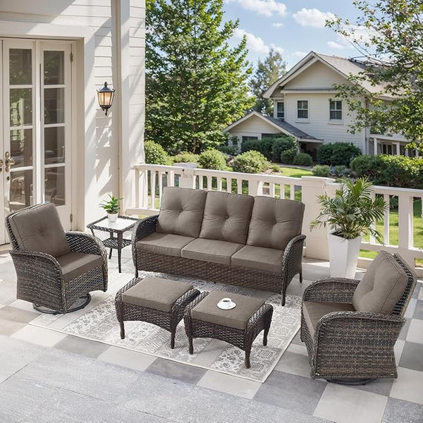 6 Pieces Outdoor Furniture-Patio Swivel Rocker Chairs Set of 2 3-Seater Wicker Couch with Outdoor Ottoman Outdoor Patio - Photo 1