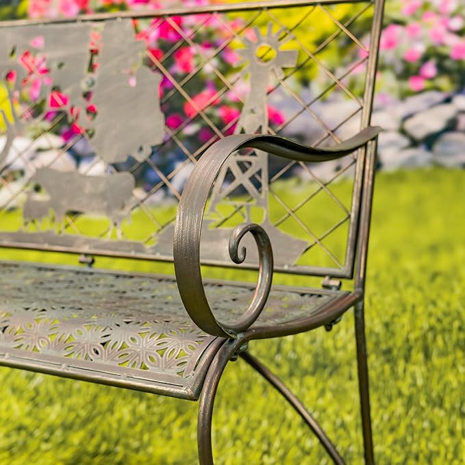 Classic Iron Garden Bench with Nature Scenery (Cow & Windmill Backrest in Bronze)