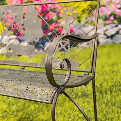 Classic Iron Garden Bench with Nature Scenery (Cow & Windmill Backrest in Bronze)