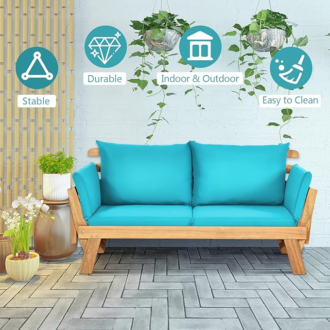 DORTALA Patio Convertible Couch Sofa Bed, Acacia Wood Daybed w/Adjustable Armrest, Collapsible Chaise Lounge w/Cushions & Pillows, Outdoor Loveseat for Poolside, Courtyard (Turquoise)