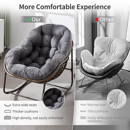 HOMEFUN Outdoor Patio Rocking Chairs Set of 2, Oversized Papasan Rock Chair Indoor with Striped Velvet Padded Cushion - Rocker Egg Seat for Front Porch, Garden, Patio, Backyard Grey
