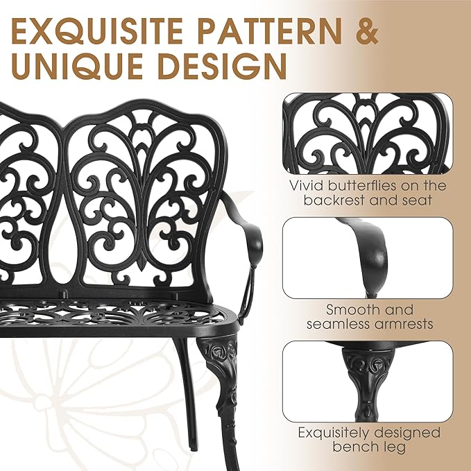 Outdoor Bench with Cushion, Cast Aluminum Double Seating with Backrest and Armrests, Mental Outdoor Furniture for Patio, Porch, Garden, Park, Black Butterfly
