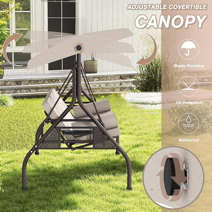 3 Seat Outdoor Porch Swing Chair, Adjustable Canopy Swing Bench, Convertible Backrest Swing Bed with Thicken Cushions - Photo 6