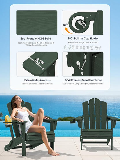 KINGYES Adjustable Folding Adirondack Chair Set of 4, 3-Position Reclining Adirondack Chairs with Cup Holder, HDPE All-Weather Oversized Adirondack for Outdoor, Patio, Backyard Deck, Fire Pit, Green