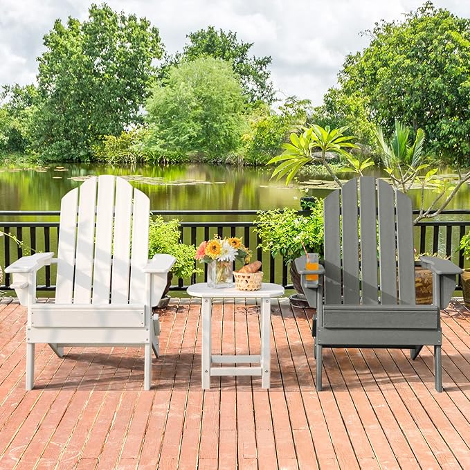 Giantex Adirondack Chair Outdoor Folding Chairs, HDPE Weather Resistant Patio Chair with Built-in Cup Holder Lawn Chair for Patio, Backyard, Balcony, Deck Outside Plastic Fire Pit Chair(1, Grey)