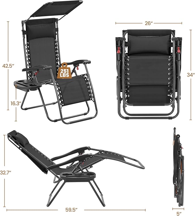Yaheetech Outdoor Zero Gravity Chair Foldable Recliner Adjustable Patio Lounge w/Canopy Shade, Side Cup Holder Tray, Carry Strap for Garden Beach Lawn Deck Black/1