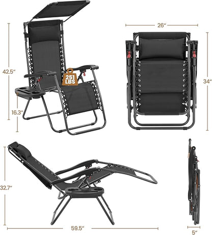 Yaheetech Outdoor Zero Gravity Chair Foldable Recliner Adjustable Patio Lounge w/Canopy Shade, Side Cup Holder Tray, Carry Strap for Garden Beach Lawn Deck Black/1