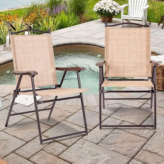 Giantex Set of 2 Patio Folding Chairs, Outdoor Patio Dining Chairs w/Armrest, Sling Back, Metal Frame - Photo 2