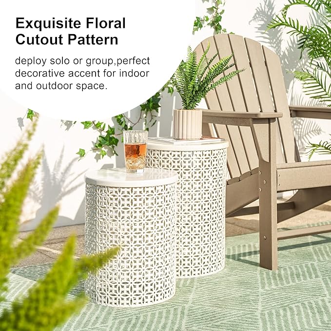 Glitzhome Outdoor Side Table Set of 2, Decorative Garden Stool for Patio, Heavy Duty Metal Frame Accent Table Modern End Table, Cream White | Indoor Outdoor, Heavy Duty, Accent Table, Modern End Table