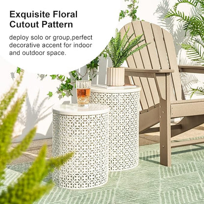 Glitzhome Outdoor Side Table Set of 2, Decorative Garden Stool for Patio, Heavy Duty Metal Frame Accent Table Modern End Table, Cream White | Indoor Outdoor, Heavy Duty, Accent Table, Modern End Table