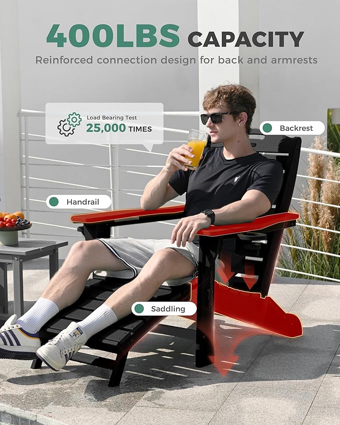 Folding Adirondack Chairs Set of 6,Adirondack Chair with Retractable Ottoman,Plastic Adirondack Chairs with 2 Cup Holder,Weather Resistant Patio Chair,Outdoor Chairs Set of 6(Black)