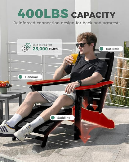 Folding Adirondack Chairs Set of 6,Adirondack Chair with Retractable Ottoman,Plastic Adirondack Chairs with 2 Cup Holder,Weather Resistant Patio Chair,Outdoor Chairs Set of 6(Black)