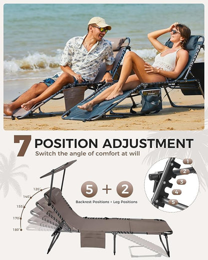 KingCamp Tanning Chair with Face Hole, Lounge Chairs Outdoor Folding Comfy Adjustable 5-Position Foldable Chaise Chaser with Canopy Shade for Outside Beach Patio Sun Bathing, Beige