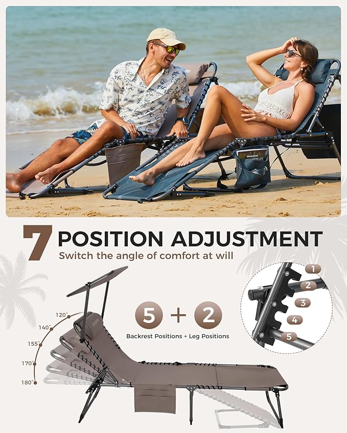 KingCamp 2 Pack Tanning Chair with Face Hole, Lounge Chairs Outdoor Folding Portable Comfy Adjustable 5-Position Foldable Chaise Chaser with Canopy Shade for Outside Beach, Beige