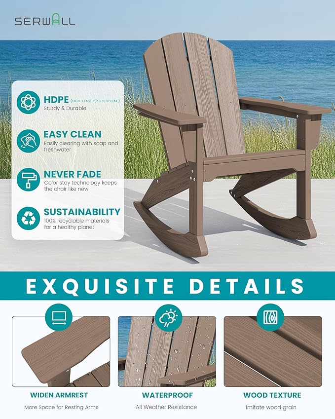 SERWALL Outdoor Adirondack Rocking Chairs Set of 2, All-Weather HDPE Adirondack Rocker Chair, Front Porch Rocker Chairs for Patio Lawn Porch Deck, Coffee