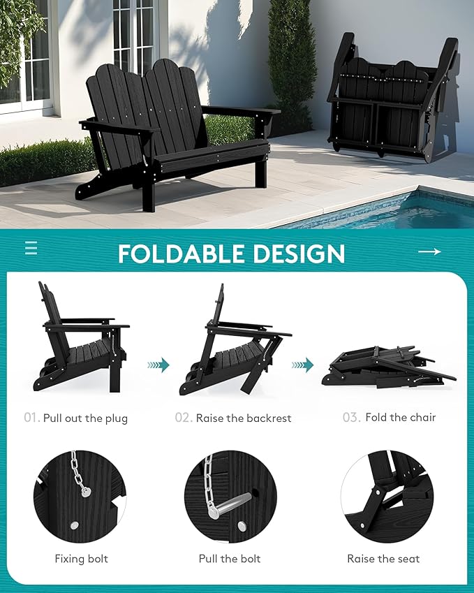 SERWALL Folding Adirondack Bench, HDPE All-Weather Adirondack Loveseat, 660 lbs Capacity - Photo 3