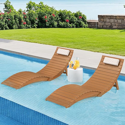 Folding Pool Lounge Chairs Set of 4, Pre-Assembled HDPS Anti-Floating Lounge Chair with Headrest for in-Pool Use(Max Depth 8-Inches), Ideal for Hotel, Poolside, Beach & Sun Decks, Teak Color