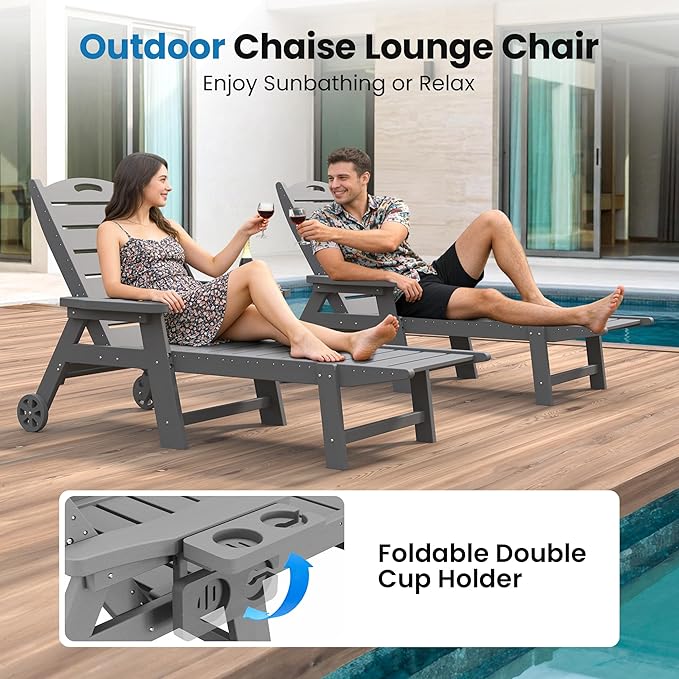 UDPATIO Outdoor Chaise Lounge Chair, HDPE Patio Lounge Chairs for Outside with Wheels & Cup Holder, Reclining Seating with 5 Position for Poolside Deck Garden Indoor,Grey,1PC