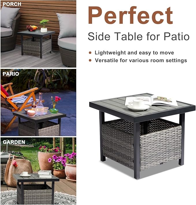 Outdoor Wicker Side Table with Umbrella Hole & Storage Space, Square PE Rattan End Table for Patio Garden Poolside Deck
