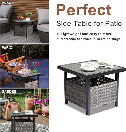Outdoor Wicker Side Table with Umbrella Hole & Storage Space, Square PE Rattan End Table for Patio Garden Poolside Deck