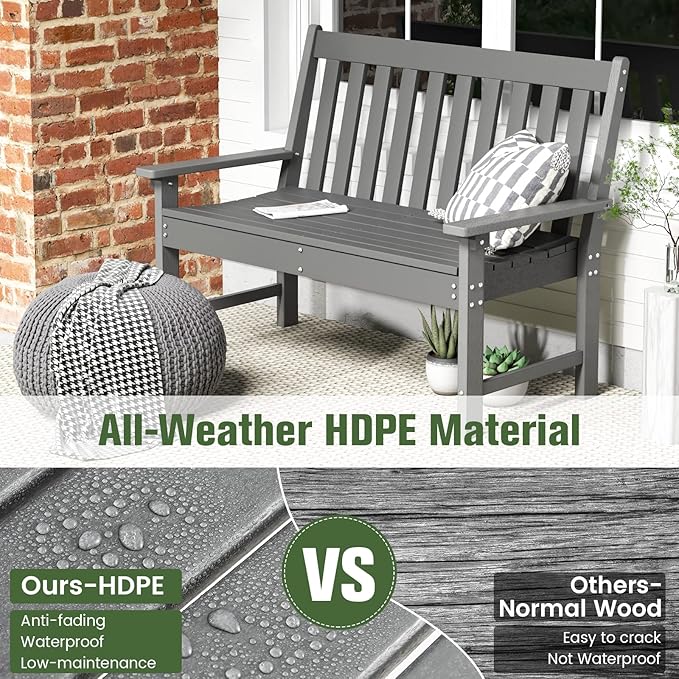 Tangkula HDPE Outdoor Garden Bench with Backrest, 2-Person All-Weather Patio Loveseat Chair with Slatted Seat, 705 lbs Weight Capacity, Patio Benches for Balcony, Garden, Porch, Backyard & Park, Grey