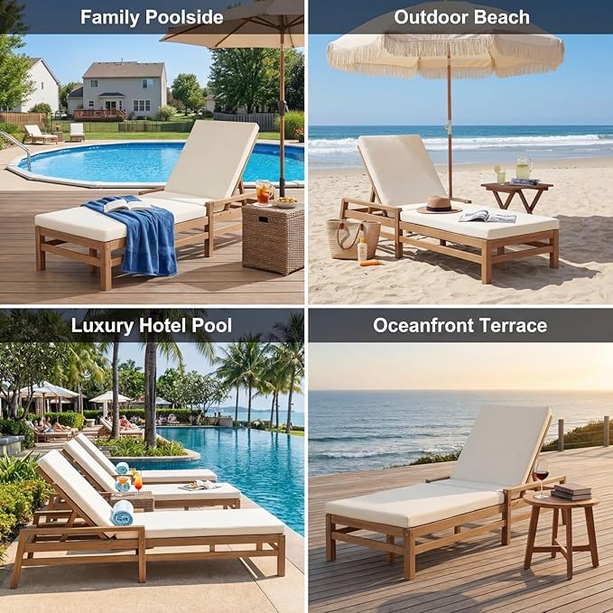 Outdoor Chaise Lounge Chair Set of 2, Patio Chaise Lounge Recliner with Adjustable Backrest, Acacia Wood Poolside Chaise Lounge with Thick All-Weather Cushions for Patio, Deck and Backyard(A)