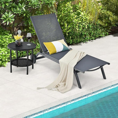 COSTWAY 2 PCS Outdoor Patio Chaise Lounge, 6-Position Adjustable Pool Lounger with Stable Aluminum Frame, Portable Sun Bathing Lounge Chair on Wheels for Backyard Garden, Grey