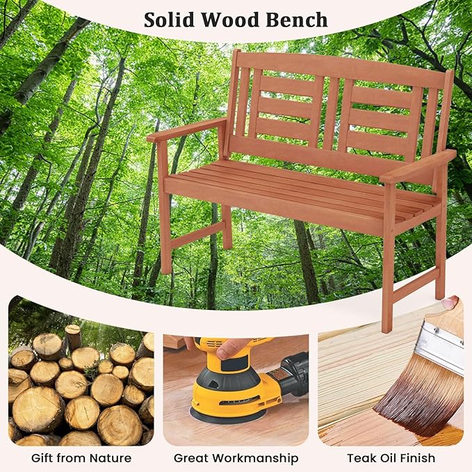 Tangkula Patio Wood Bench, Garden Armrest Loveseat with Inclined Backrest, Wood Grain, Teak Oil Finish, Outdoor 2-Person Bench for Front Porch, Garden, Backyard, Balcony