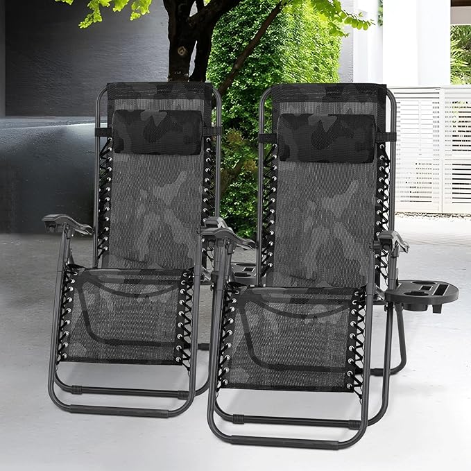 Athena Collection Zero Gravity Outdoor Lounge Chair Set of 2, 25" Width Pool Lounge Lawn Chairs Reclining, Outdoor Chaise with Cup Holder for Beach Patio Backyard Outside, Camouflage