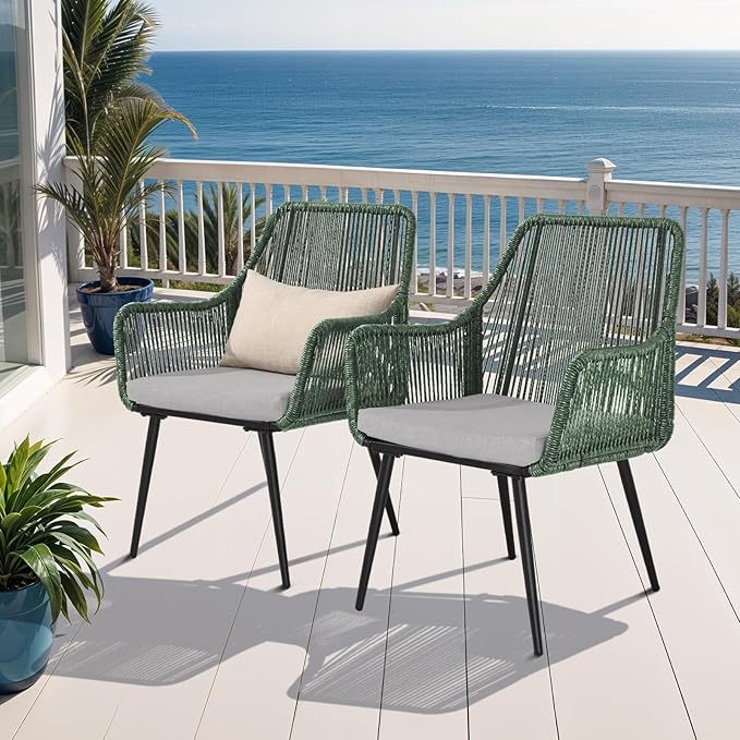 Patio Dining Chairs, Outdoor Dining Chairs with Armrest & Cushion Set of 2, All-Weather Woven Twisted Wicker Rattan Chair, Modern Indoor Outdoor Seating for Garden Lawn Backyard Green