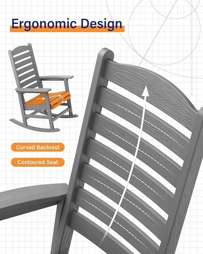 YEFU Outdoor Rocking Chair Set of 4,Poly Porch Rocker with Curved Backrest,All Weather Patio Rocking Chair,Like Real Wood,for Indoor,Lawn, Backyard,Garden,Heavy Duty,Weight Capacity 380lbs(Grey)
