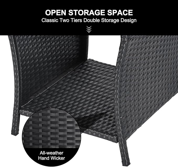 Outdoor Side Table Small Outdoor End Table for Patio Black Wicker Rattan Coffee Table with Storage & Poly Lumber Table Top Square for Outside Balcony Porch Backyard Deck