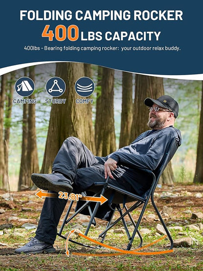 Timber Ridge Folding Oversized Rocking Camping Chair, 400lbs Capacity Portable Outdoor Rocker with Hard Armrests, Cup Holder & Side Pocket, Quick-Fold Design for Outdoor, Patio, Lawn, Blue