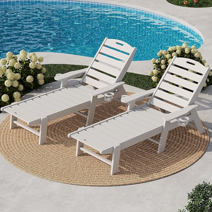 Garvee Oversize 5-Position HDPE Outdoor Chaise Lounge Chair with Rolling Wheels – Pool Lounge for Patio, Beach & Camping,White
