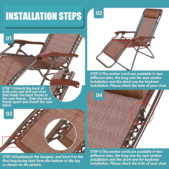 Queekay 2 Pcs Gravity Chair Replacement Fabric with 8 Bungee Cord Lounge Chair Cloth Mesh Patio Chair Repair Kit for Patio Recliner Outdoor Lawn Pool Beach Sling Chair(Brown, 63" x 17")