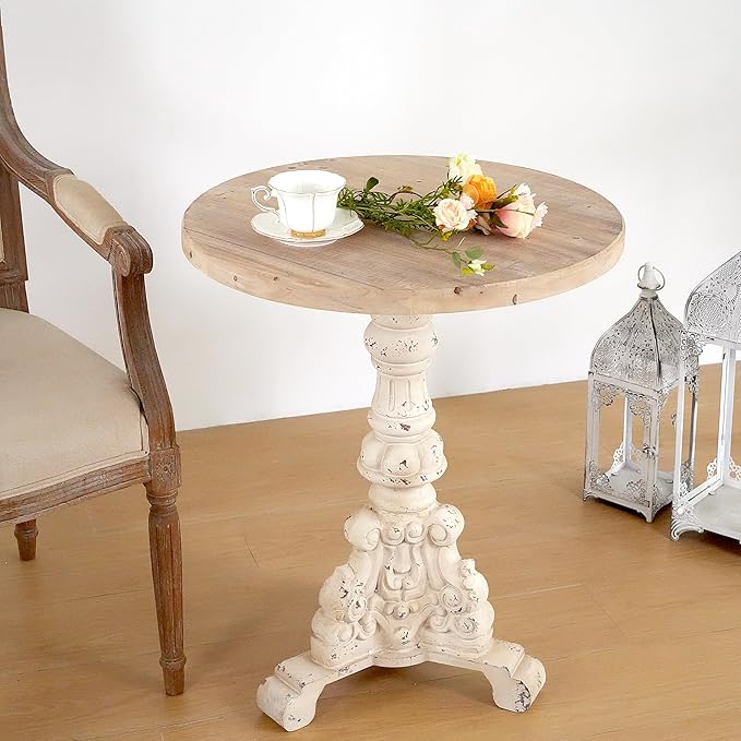 Patio Round Side Table Circle End Table Rustic Small Coffee Tables Drink Tables Antique Pedestal Tables Wood Top & MGO Base for Small Spaces Living Room Patio Antique White &Natural Wood