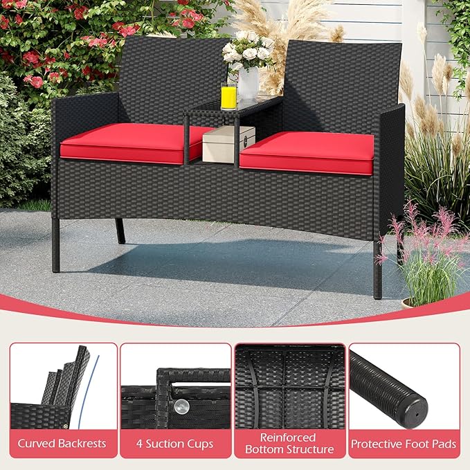 HAPPYGRILL Outdoor Rattan Loveseat, 2-Seat Patio Conversation Set with Built-in Coffee Table, Cushions, Wicker Bench Furniture for Backyard, Garden, Balcony, Porch (Red)