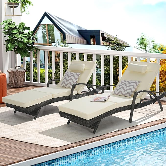 KEIKI Wicker Outdoor Chaise Lounge Chairs Set of 2 for Patio & Pool Side with 5-Level Adjustable Backrest and Cushions - Photo 1