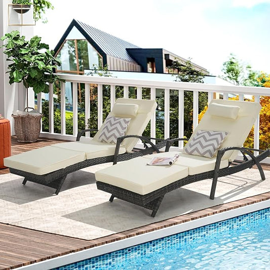 KEIKI Wicker Outdoor Chaise Lounge Chairs Set of 2 for Patio & Pool Side with 5-Level Adjustable Backrest and Cushions, Garden Beach Upholstered Couches Folding Sun Reclining Sofa Bed
