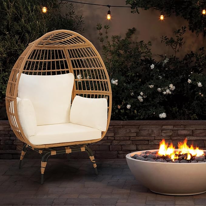 Oversized 360° Swivel Rattan Egg Chair for Adult, Indoor Outdoor Patio Large Wicker Egg Chair with Overstuffed Cushions, 440lb Weight Capacity, Natural Rattan with Beige Cushion
