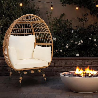 Oversized 360° Swivel Rattan Egg Chair for Adult, Indoor Outdoor Patio Large Wicker Egg Chair with Overstuffed Cushions, 440lb Weight Capacity, Natural Rattan with Beige Cushion