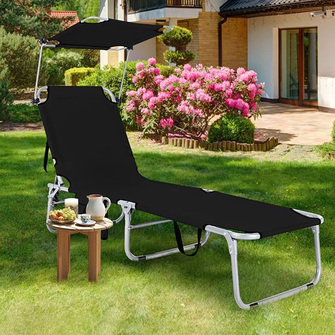 GYMAX Tanning Chair, Beach Lounge Chair with Canopy Sunshade, Carry Handle & Pocket, 5 Level Adjustable Layout Chaise Lounge for Outside, Folding Sunbath Chair for Outdoor, Patio, Poolside (2, Black)